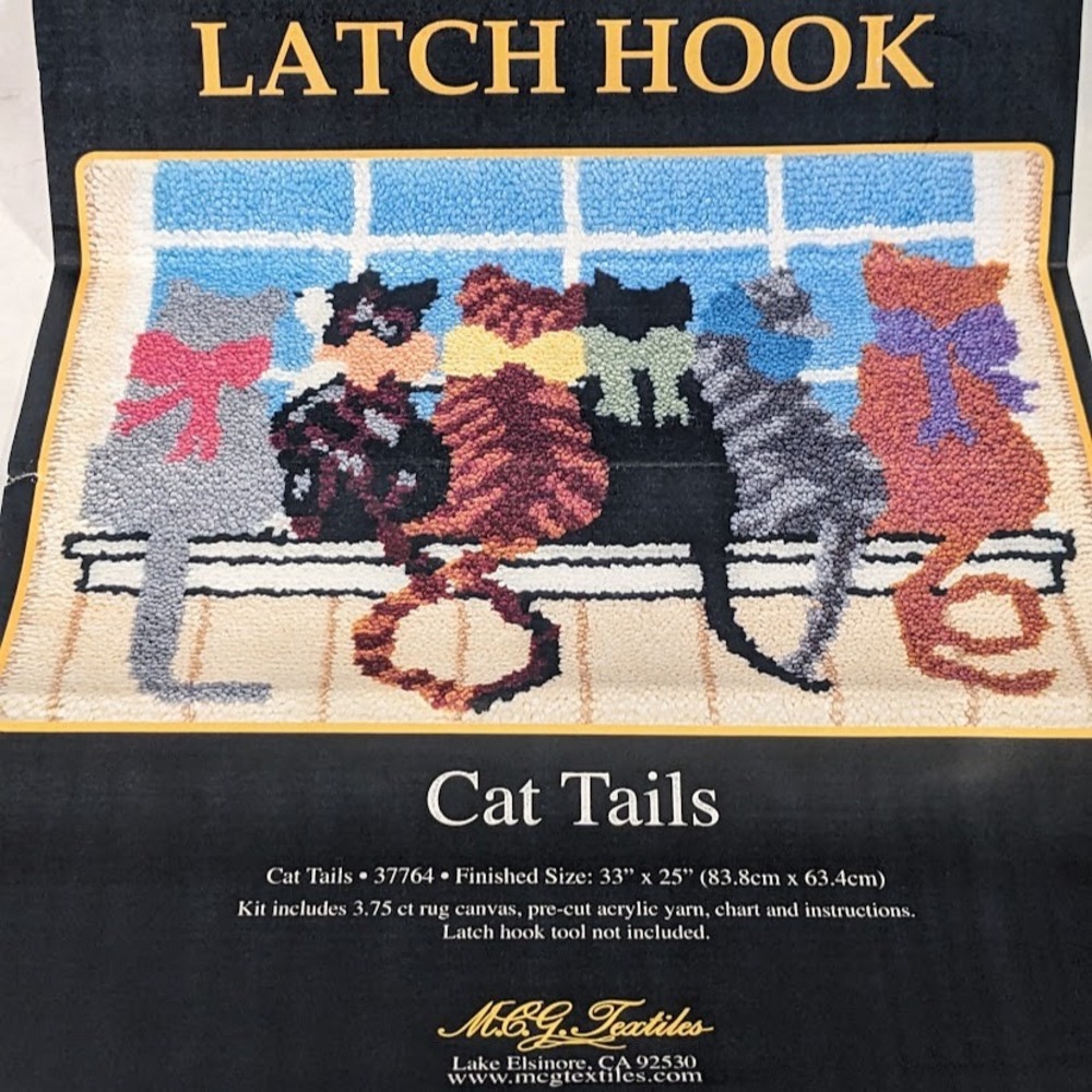 Vintage MCG Textiles Cat Tails Latch Hook Kit NOS Open Box Complete Cats 33x25"